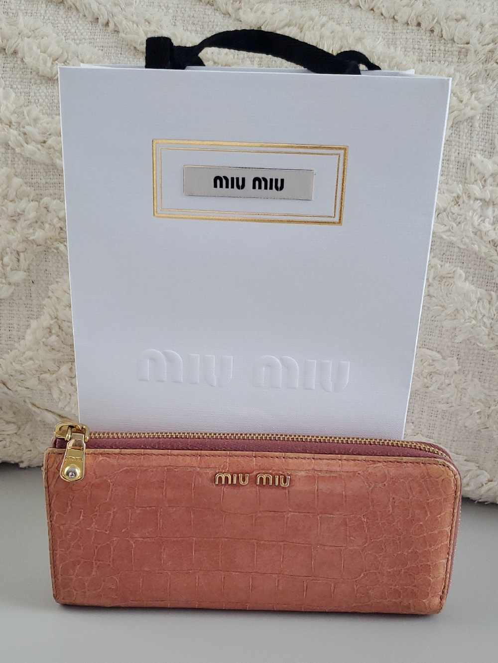 Miu Miu Pink Croc-Embossed Zip Wallet